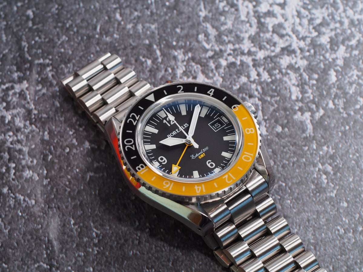 Borealis Estoril 300 GMT Black Dial Arabic Numbers Date Yellow Bezel Version A