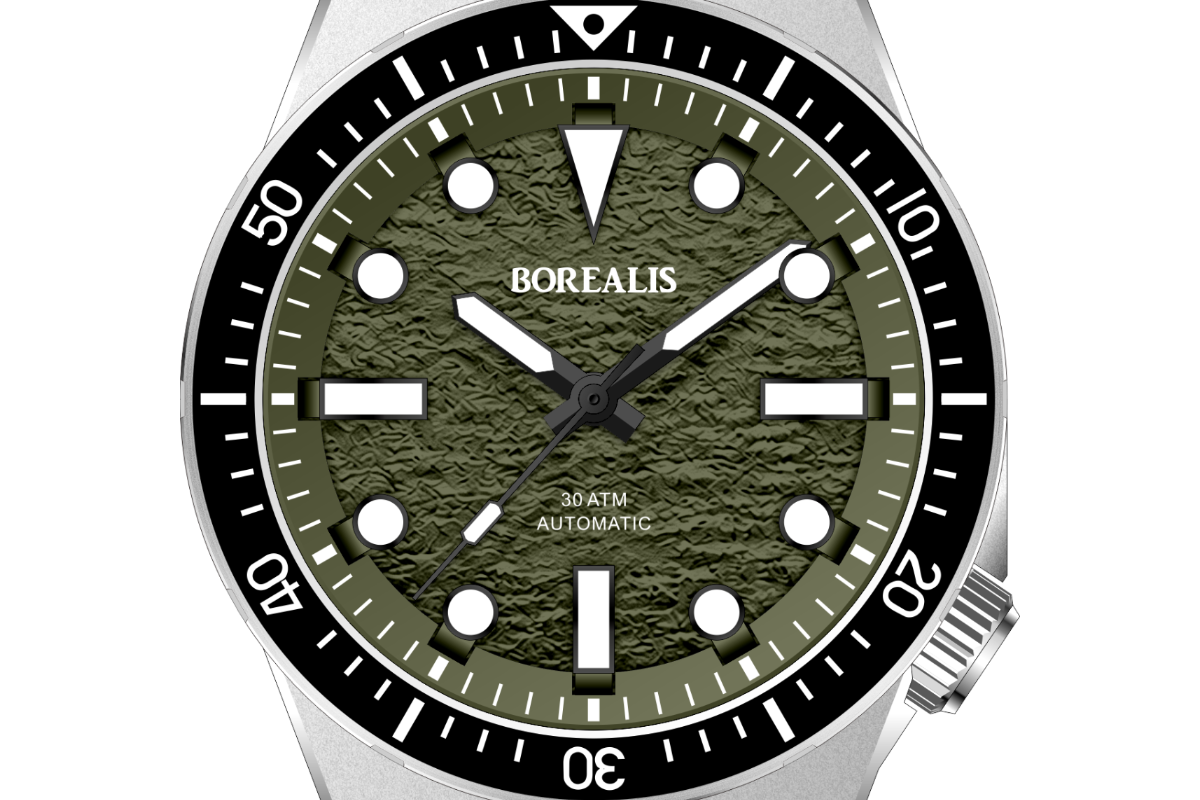 A Borealis automatic watch with a textured olive green dial, black bezel, and a brushed silver stainless steel link bracelet, shown against a plain white background.