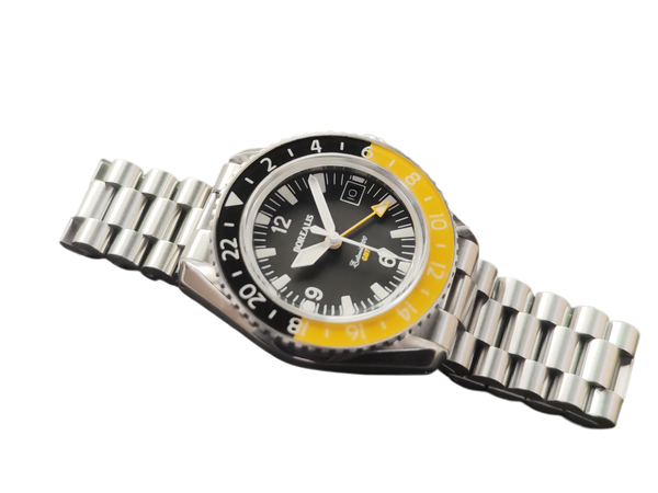 Borealis Estoril 300 GMT Black Dial Arabic Numbers Date Yellow Bezel Version A