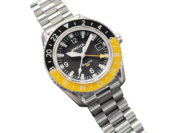 Borealis Estoril 300 GMT Black Dial Arabic Numbers Date Yellow Bezel Version A