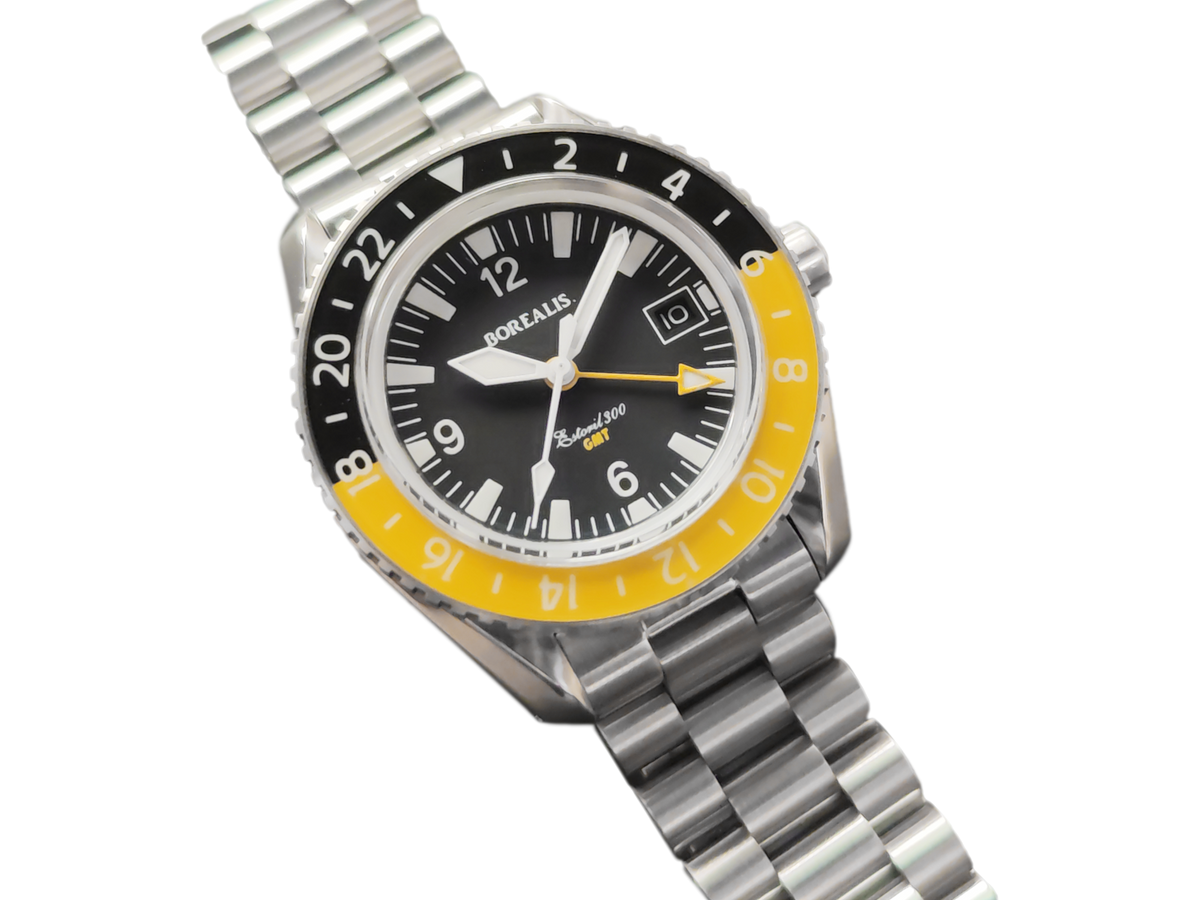 Borealis Estoril 300 GMT Black Dial Arabic Numbers Date Yellow Bezel Version A