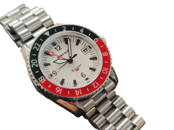 Borealis Estoril 300 GMT Lumed Dial Arabic Numbers Date Black Red Bezel Version J