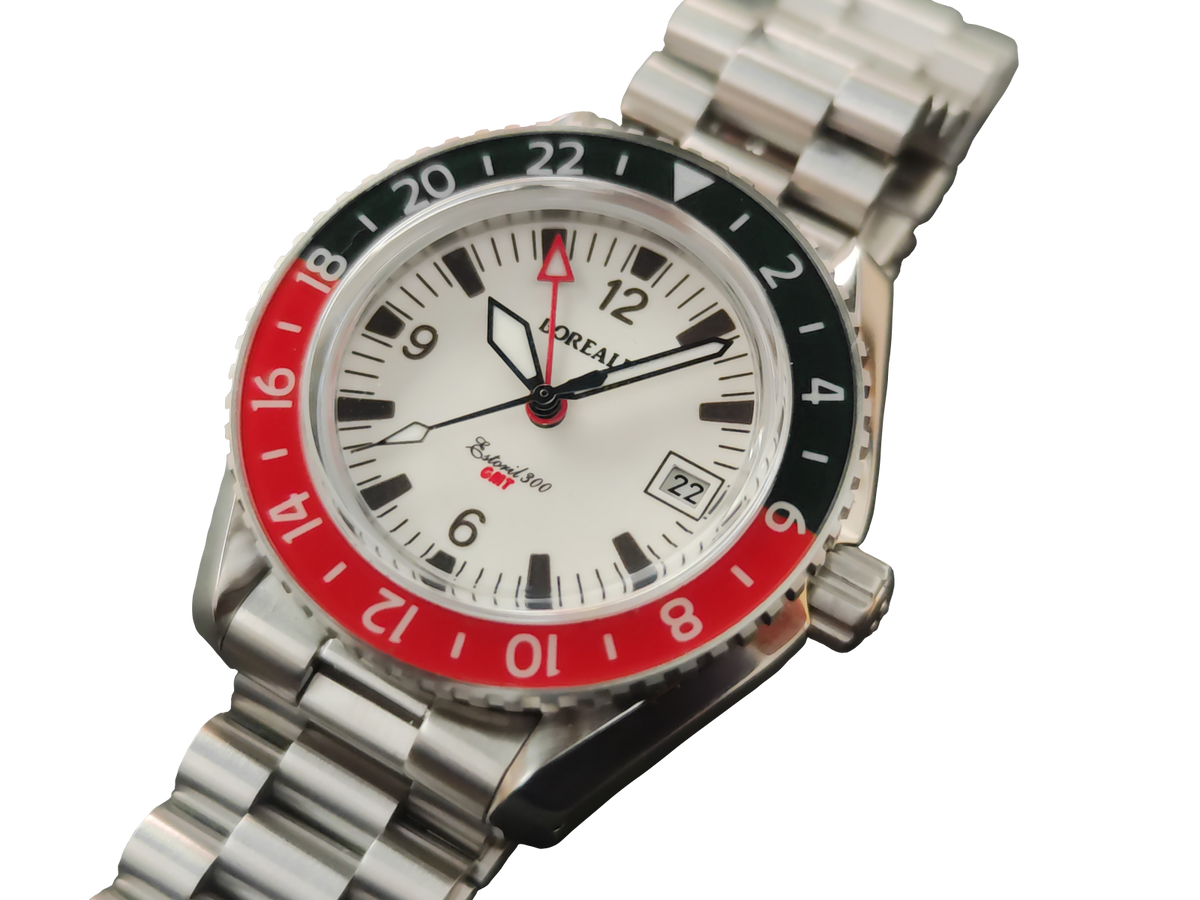 Borealis Estoril 300 GMT Lumed Dial Arabic Numbers Date Black Red Bezel Version J