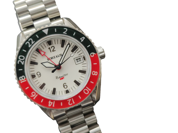 Borealis Estoril 300 GMT Lumed Dial Arabic Numbers Date Black Red Bezel Version J