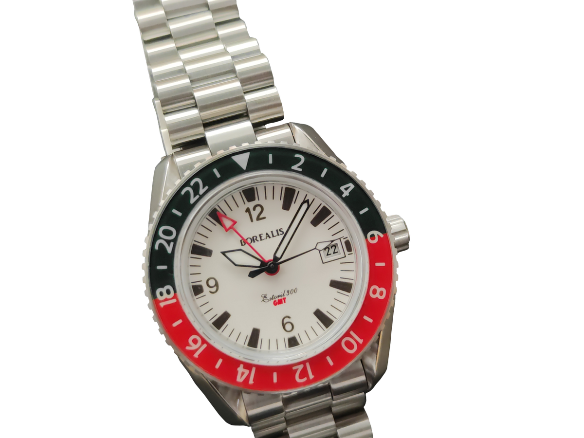 Borealis Estoril 300 GMT Lumed Dial Arabic Numbers Date Black Red Bezel Version J