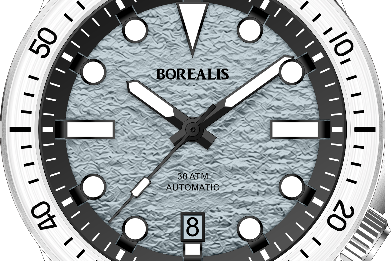 A Borealis Porto Covo 300 Mtr Automatic watch featuring a silver stainless steel bracelet, a white bezel, and a textured gray dial with black hands and markers.