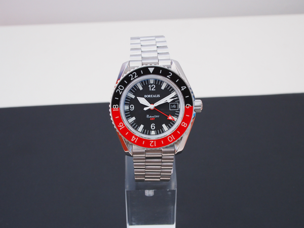 Borealis Estoril 300 GMT Black Dial Arabic Numbers Black Red Bezel Date Version K