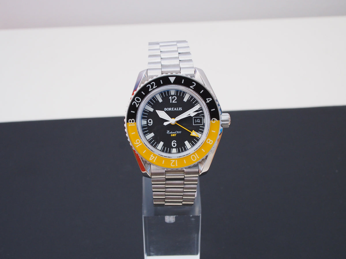 Borealis Estoril 300 GMT Black Dial Arabic Numbers Date Yellow Bezel Version A