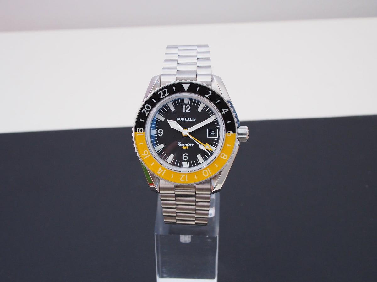 Borealis Estoril 300 GMT Black Dial Arabic Numbers Date Yellow Bezel Version A