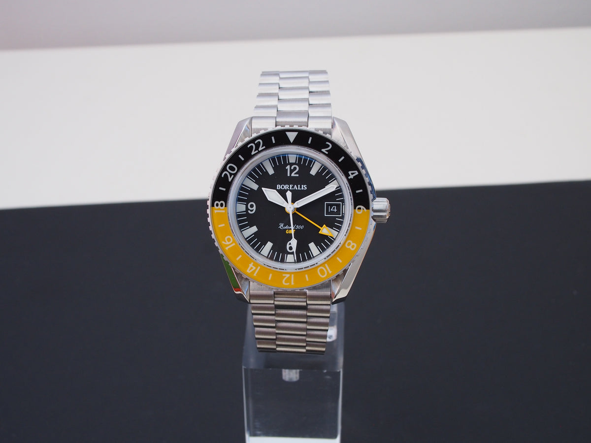 Borealis Estoril 300 GMT Black Dial Arabic Numbers Date Yellow Bezel Version A