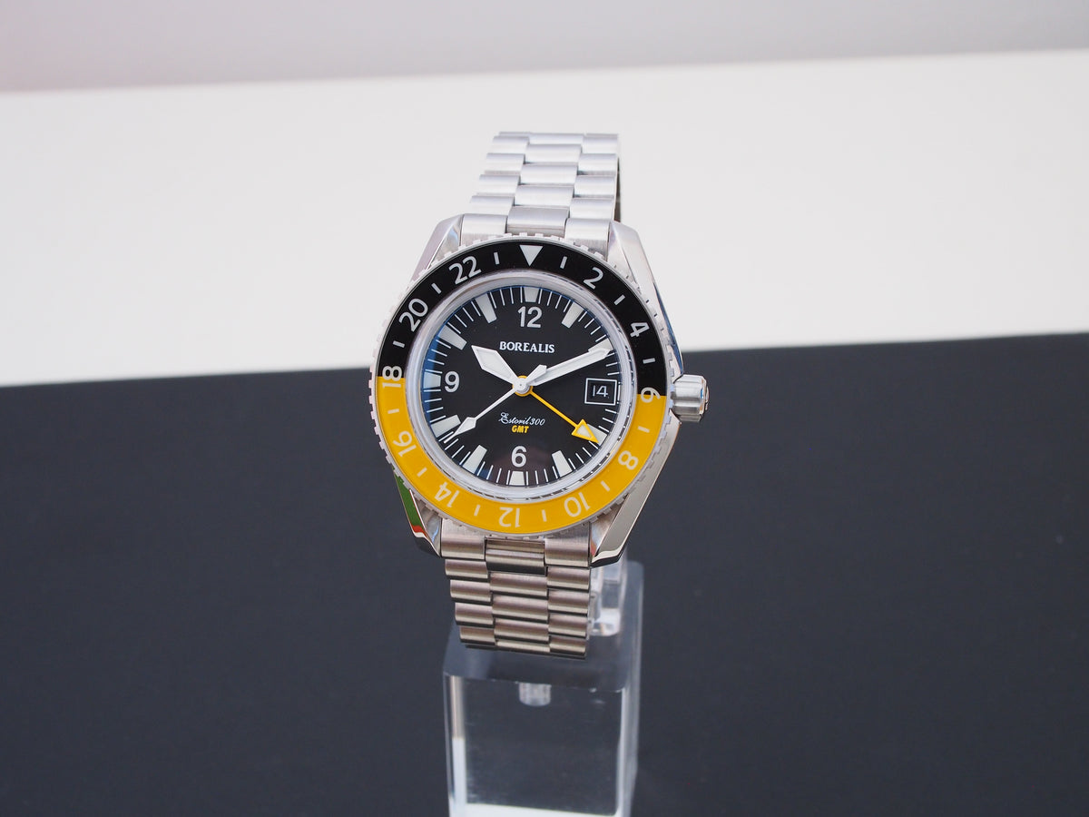 Borealis Estoril 300 GMT Black Dial Arabic Numbers Date Yellow Bezel Version A