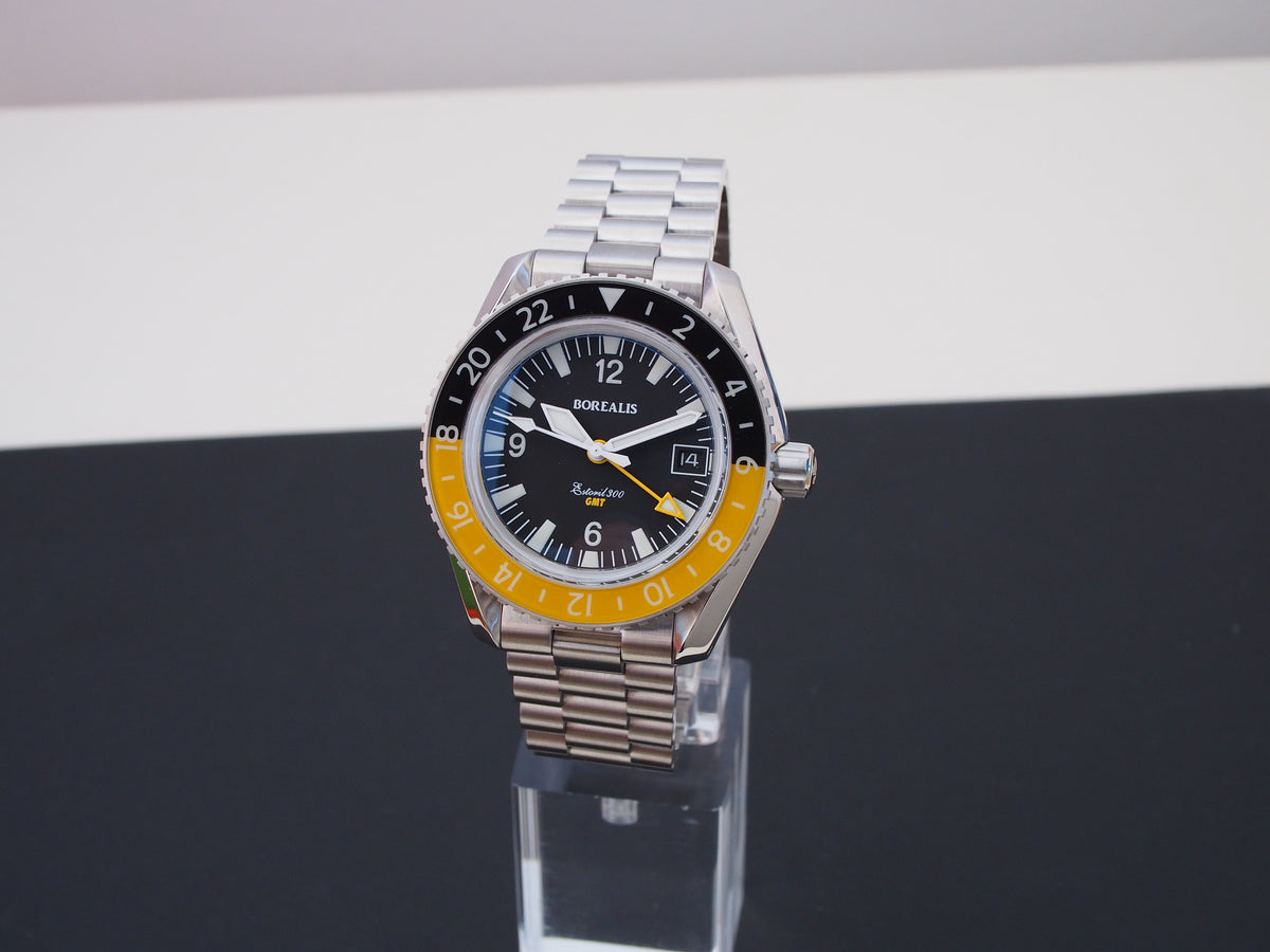 Borealis Estoril 300 GMT Black Dial Arabic Numbers Date Yellow Bezel Version A