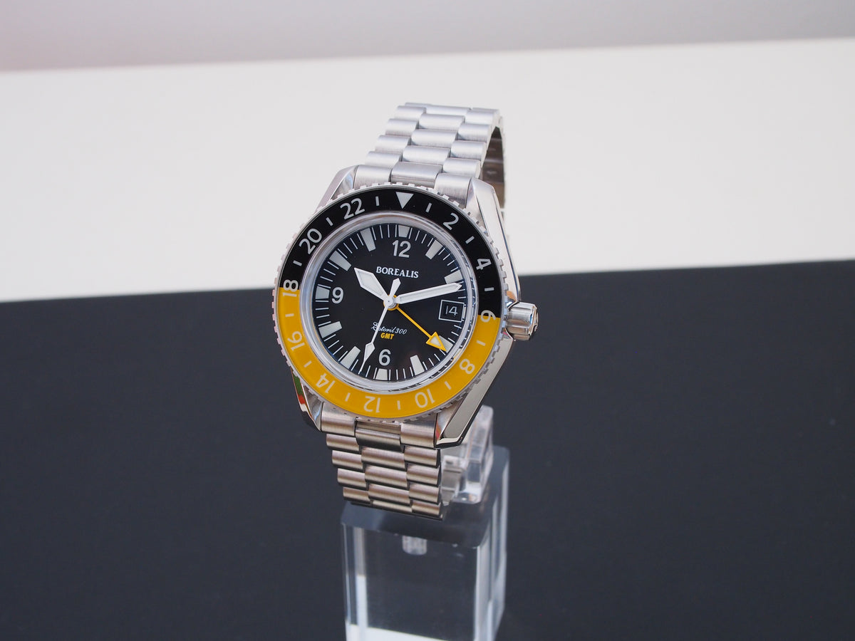 Borealis Estoril 300 GMT Black Dial Arabic Numbers Date Yellow Bezel Version A