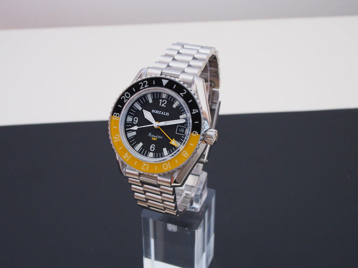 Borealis Estoril 300 GMT Black Dial Arabic Numbers Date Yellow Bezel Version A