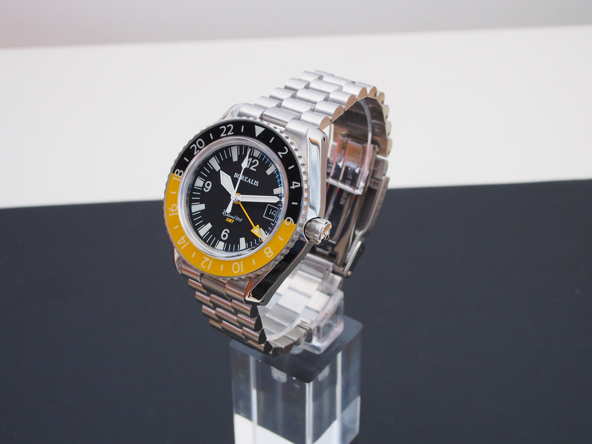 Borealis Estoril 300 GMT Black Dial Arabic Numbers Date Yellow Bezel Version A