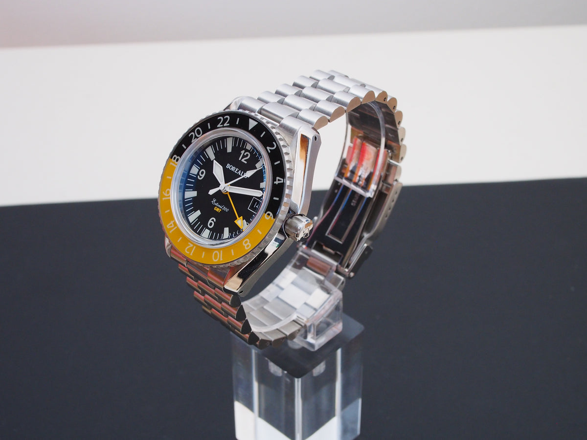 Borealis Estoril 300 GMT Black Dial Arabic Numbers Date Yellow Bezel Version A