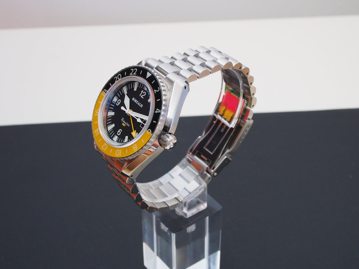 Borealis Estoril 300 GMT Black Dial Arabic Numbers Date Yellow Bezel Version A