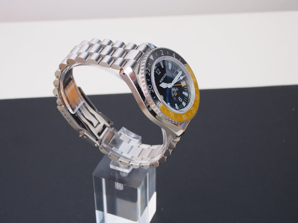 Borealis Estoril 300 GMT Black Dial Arabic Numbers Date Yellow Bezel Version A