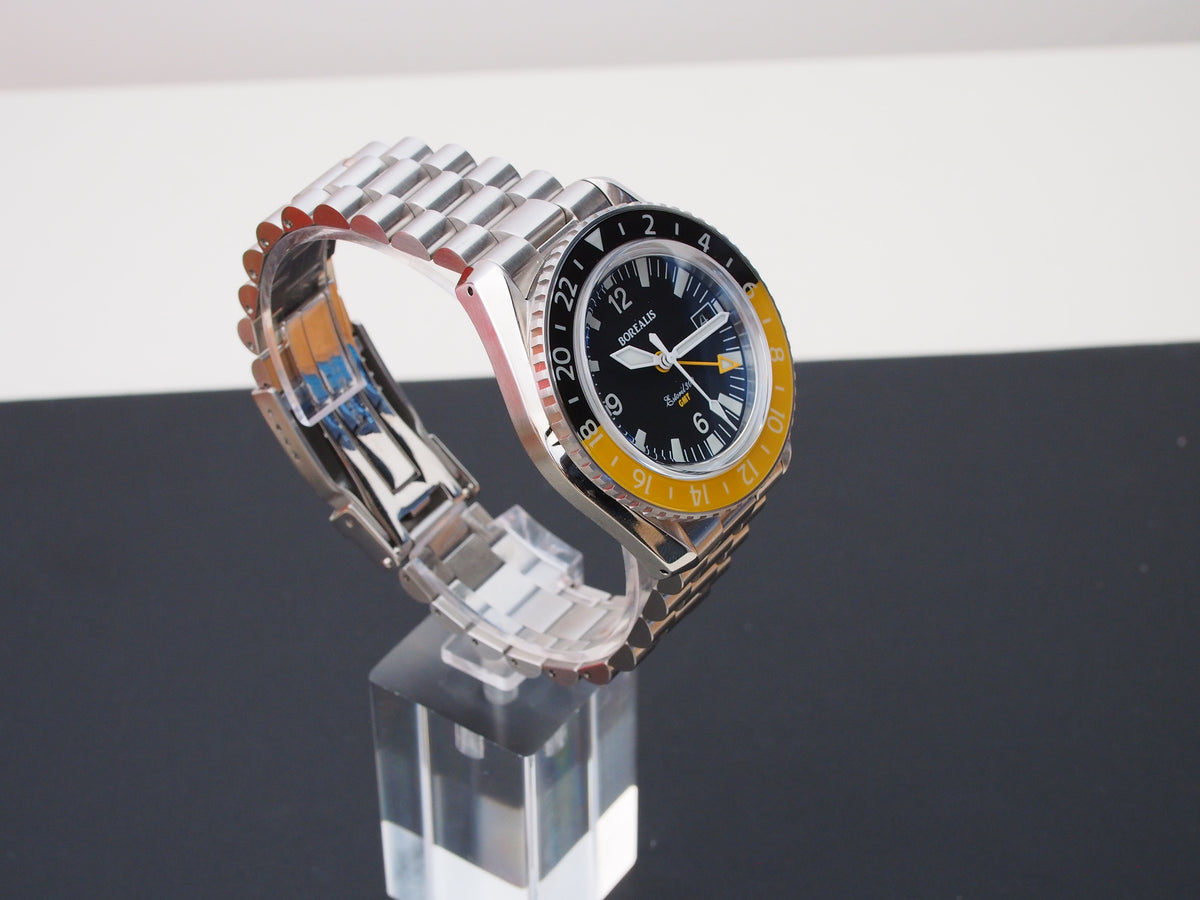 Borealis Estoril 300 GMT Black Dial Arabic Numbers Date Yellow Bezel Version A