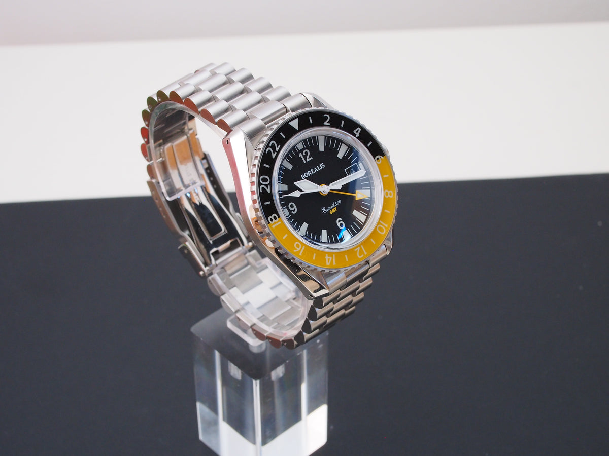 Borealis Estoril 300 GMT Black Dial Arabic Numbers Date Yellow Bezel Version A