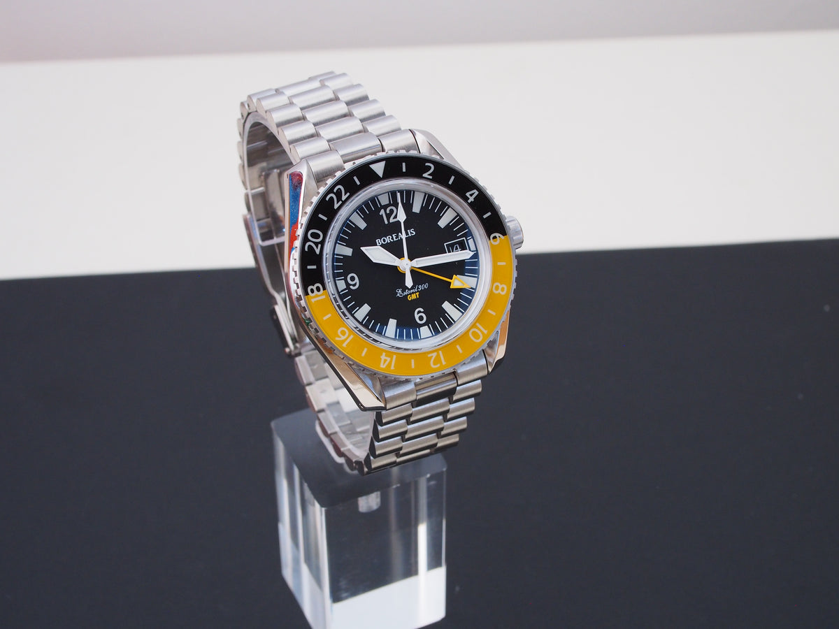 Borealis Estoril 300 GMT Black Dial Arabic Numbers Date Yellow Bezel Version A