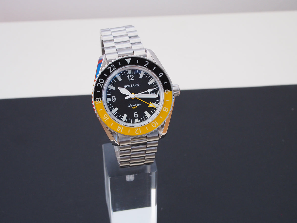 Borealis Estoril 300 GMT Black Dial Arabic Numbers Date Yellow Bezel Version A