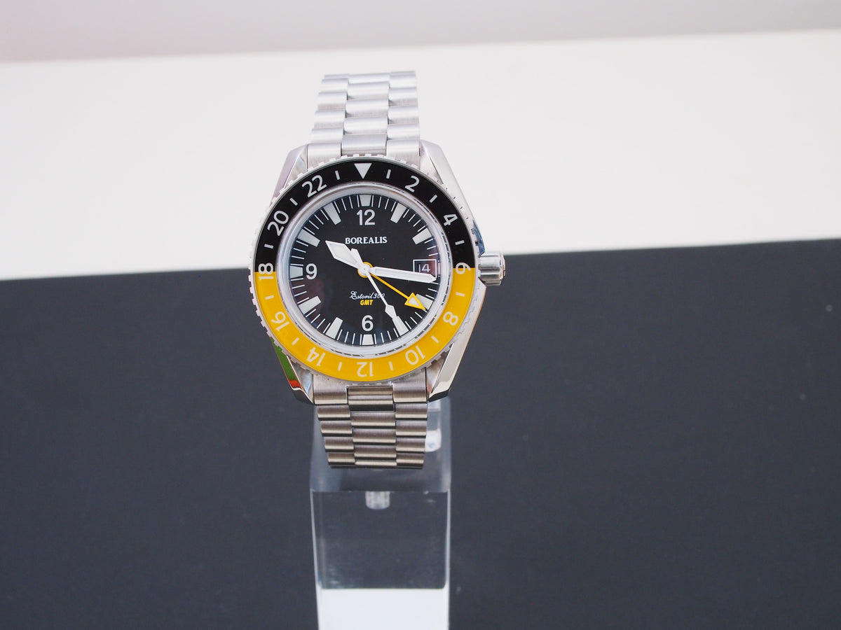 Borealis Estoril 300 GMT Black Dial Arabic Numbers Date Yellow Bezel Version A