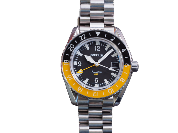 Borealis Estoril 300 GMT Black Dial Arabic Numbers Date Yellow Bezel Version A