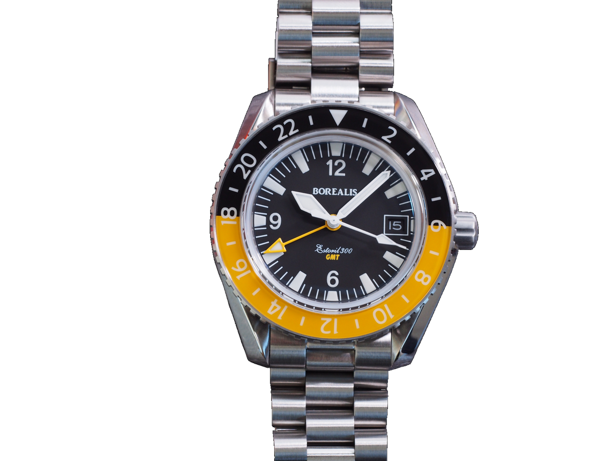 Borealis Estoril 300 GMT Black Dial Arabic Numbers Date Yellow Bezel Version A