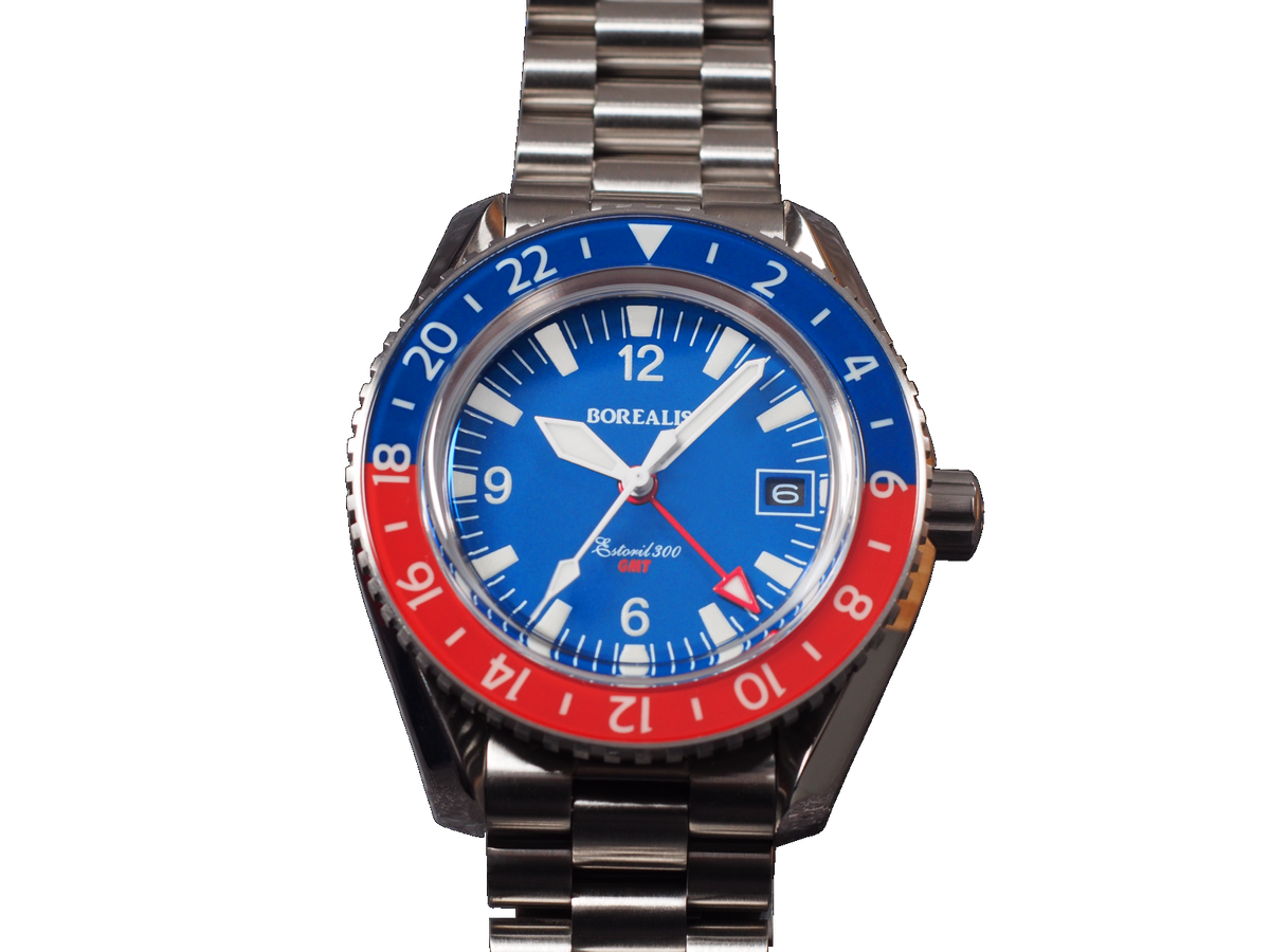 Borealis Estoril 300 GMT Blue Dial Arabic Numbers Date Blue Red Bezel Version C