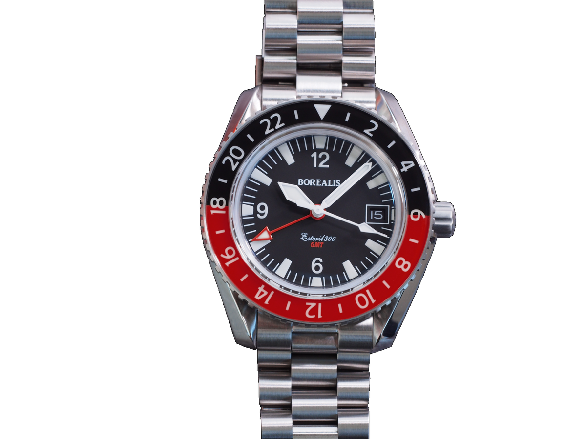 Borealis Estoril 300 GMT Black Dial Arabic Numbers Black Red Bezel Date Version K