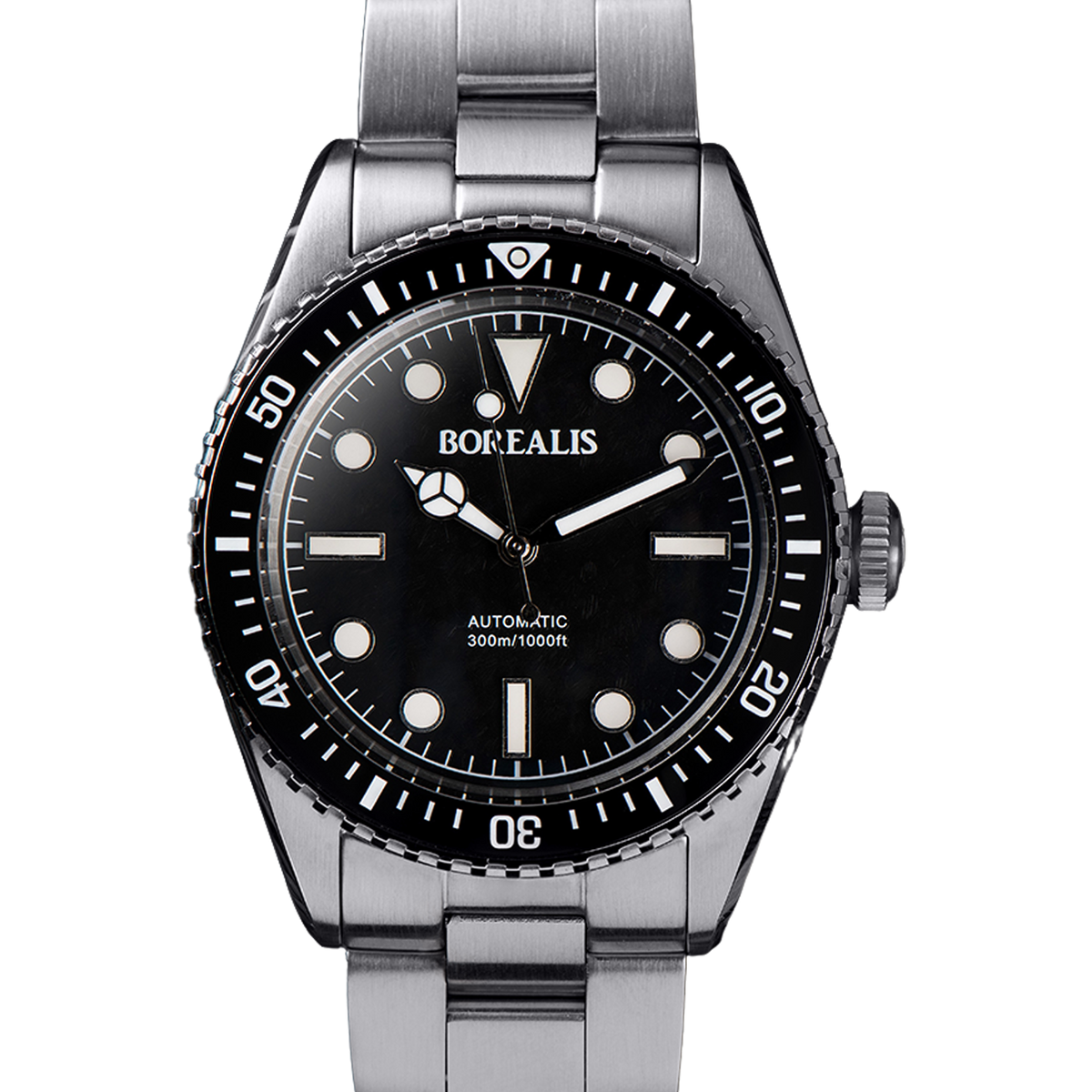 Borealis Bull Shark V2 Black Snow Pattern Dial Mercedes Hands no Date Borealis Watch Company