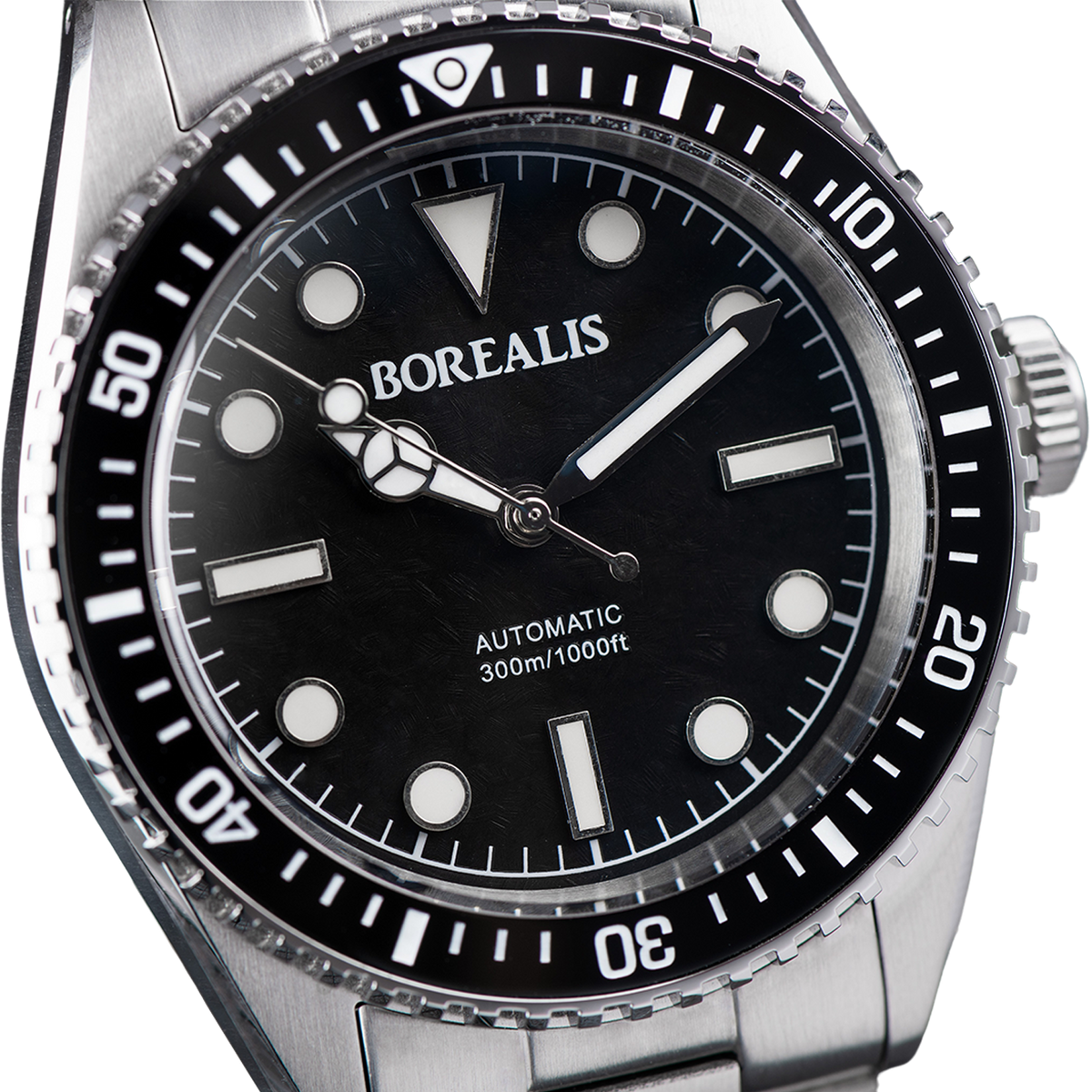 Borealis Bull Shark V2 Black Snow Pattern Dial Mercedes Hands no Date BBSV2AA