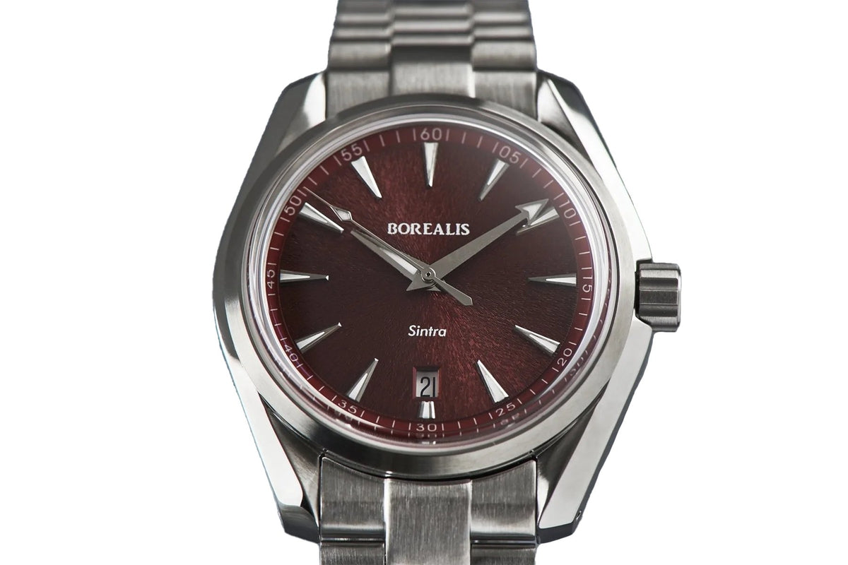 Borealis Sintra Red Sunray dial date Miyota 9015 automatic movement version B.C2 - Borealis Watch Company