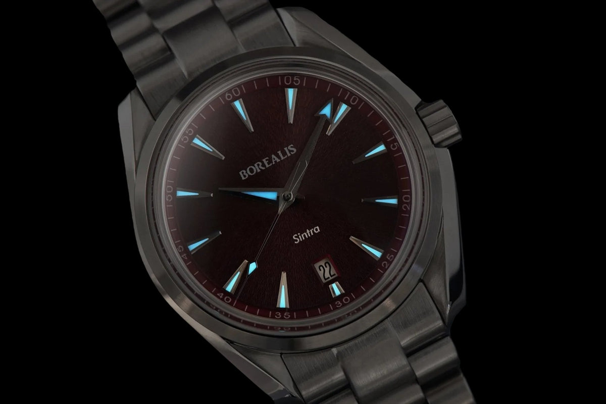 Borealis Sintra Red Sunray dial date Miyota 9015 automatic movement version B.C2 - Borealis Watch Company