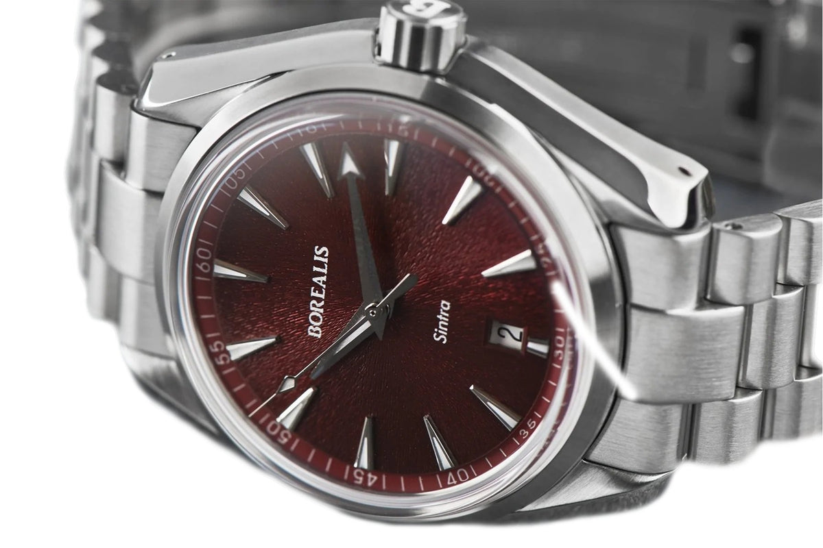 Borealis Sintra Red Sunray dial date Miyota 9015 automatic movement version B.C2 - Borealis Watch Company